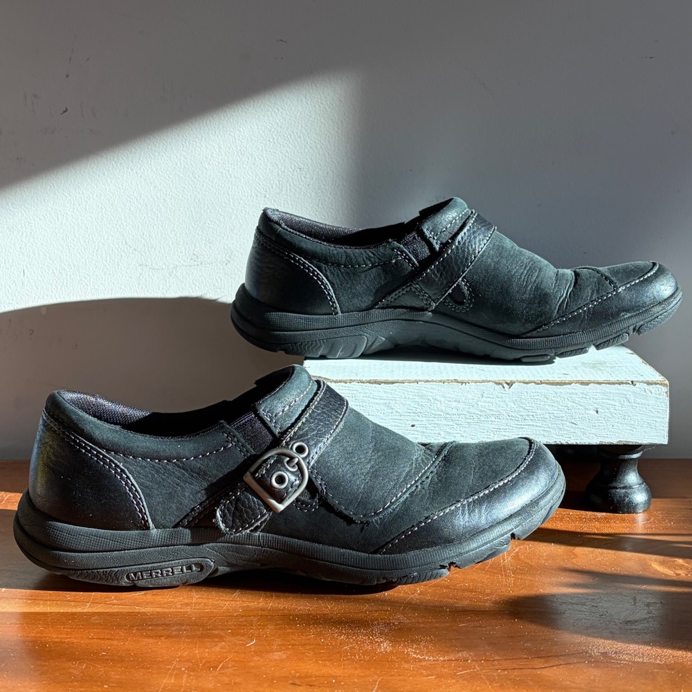 Merrell Encore Q2 Breeze Black Leather Slip On Clogs Buckle J69078‎ Womens 8